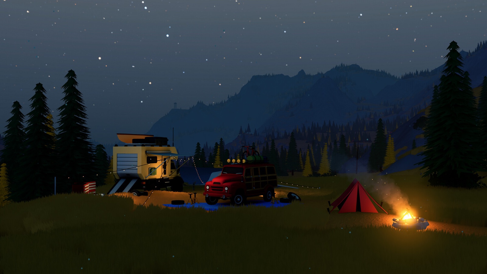 A night camp with two vehicles, a roof tent, string lights and a campfire